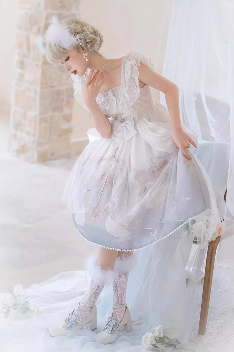 White/Blue [Flower and Letter] Swan Lake Print Ruffle Bowknot Elegant Lolita Jsk Dress