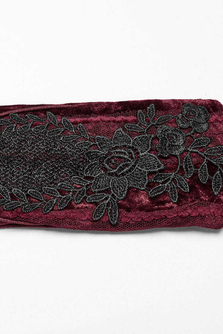 Red Floral Embroidery Lace-Up Women's Gothic Gloves