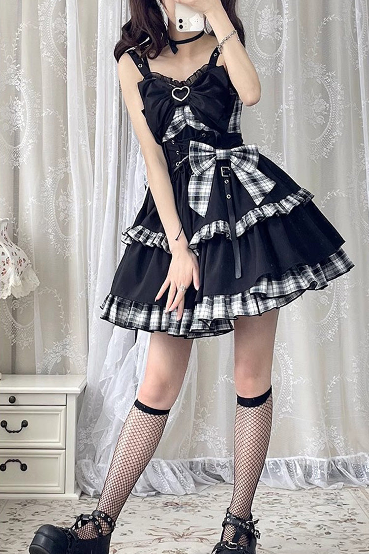 Black/White Plaid Print Color Contrast Leather Buckle Bowknot Ruffle Gothic Lolita JSK Dress