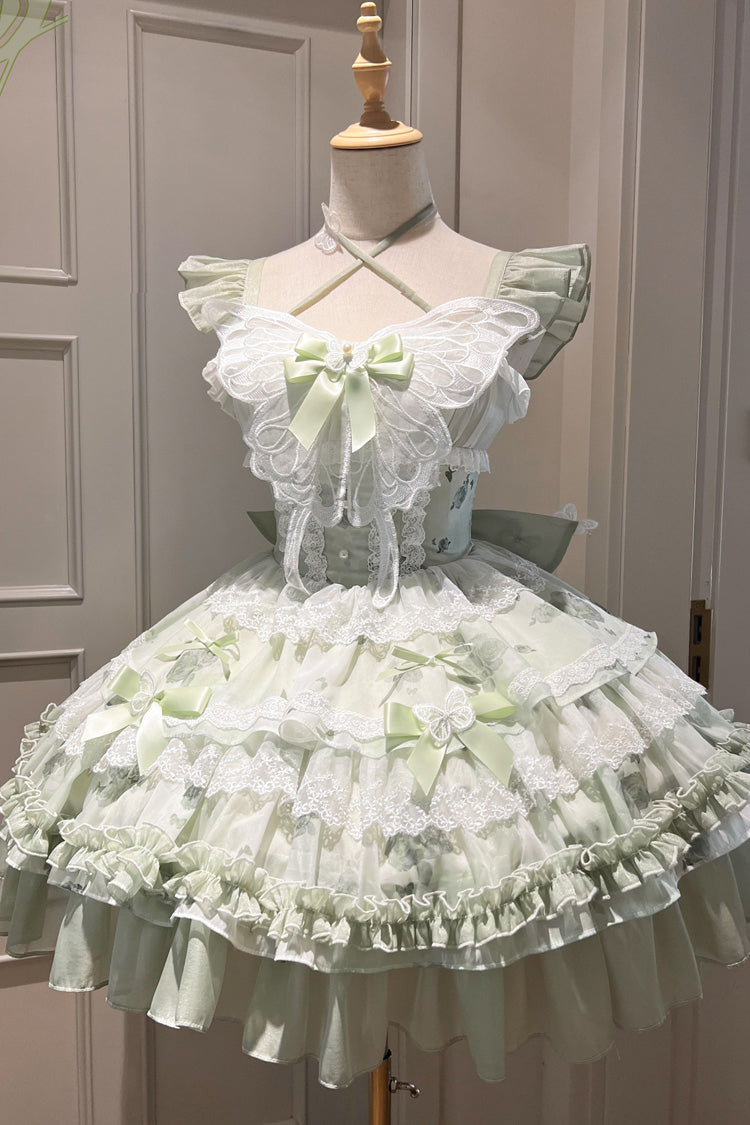 Grünes [Versprechen der blühenden Jahreszeit] Print Rüschen Schleife Spitze Süßes Prinzessin Lolita Jsk Kleid 
