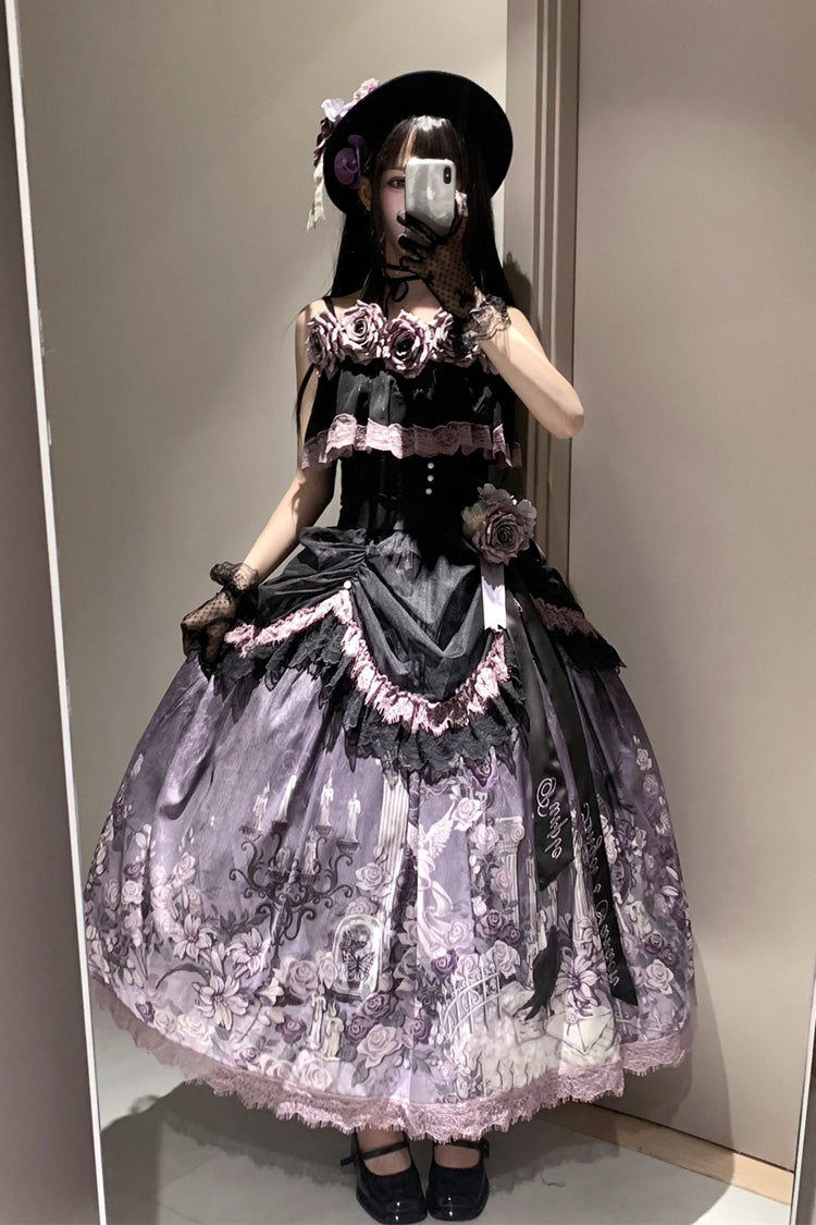 Black/Purple [Angel Garden] Sleeveless Print Ruffle Bowknot Lace Sweet Gothic Lolita Skirt Set