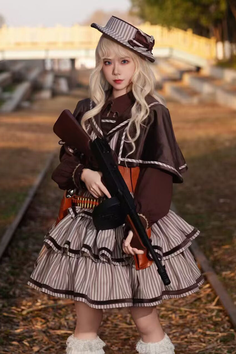 [From Afar] Sleeveless Triple-Layered Stripe Print Bowknot Sweet College Style Lolita Dress 2 Colors