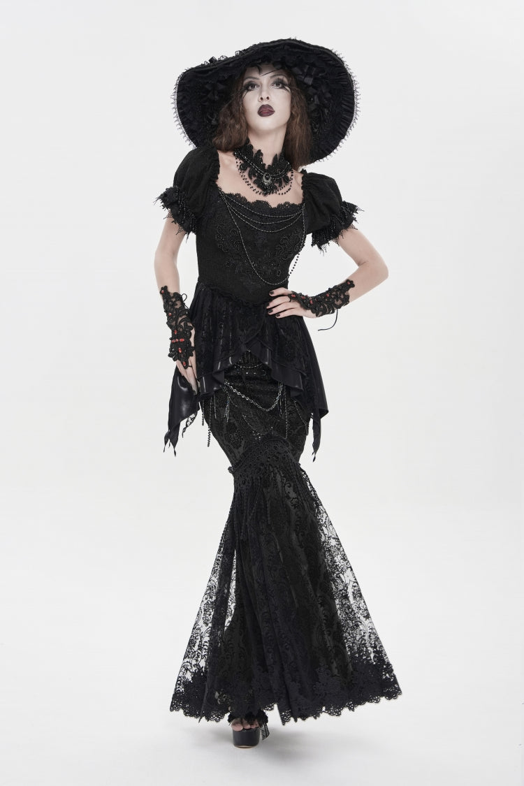 Schwarzer, doppellagiger, schmaler, perlenverzierter Gothic-Damenrock mit bestickter Spitze