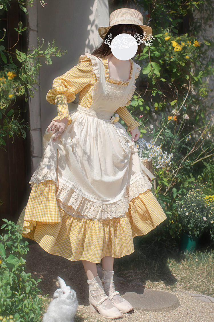 Yellow Long Sleeves Print Ruffle Lace-Up Sweet Elegant Lolita Dress