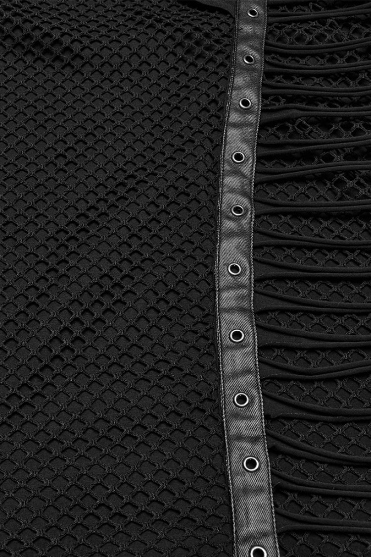 Black Round Collar Sleeveless Stitching Mesh Buckle Men's Punk Vest