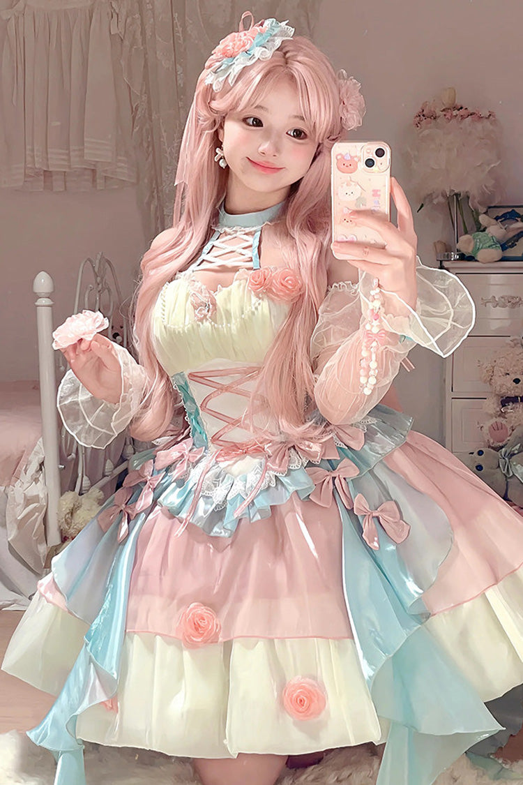Pink/Blue [Camellia Covenant] Halterneck Ruffled Bow Lace Lace-Up Sweet Lolita Jsk Dress