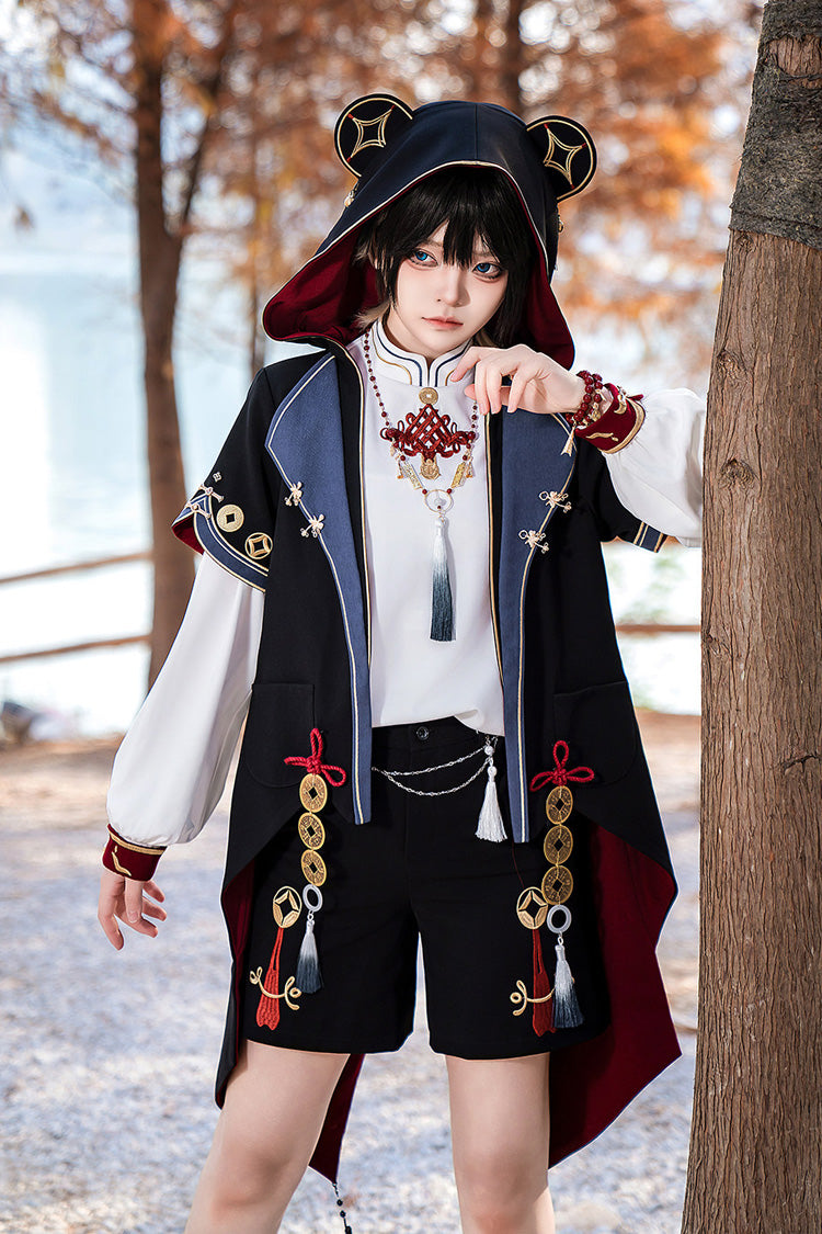 Schwarz/Weiß [Reichtum und Wohlstand] Lange Ärmel mit Kapuze, klassisch chinesisch inspiriertes Ouji-Lolita-Shorts-Mantel-Set