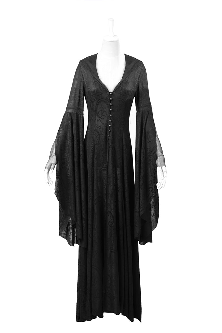 ブラック フード付きメタル バックル ロング トランペット スリーブ刺繍レディース ゴシック ドレス