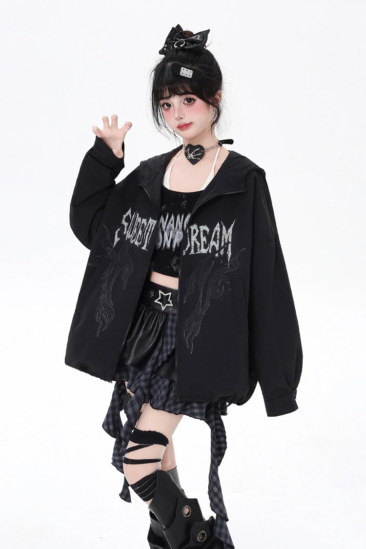 Black Long Sleeves Print Zipper Gothic Loose Jirai Kei Coat