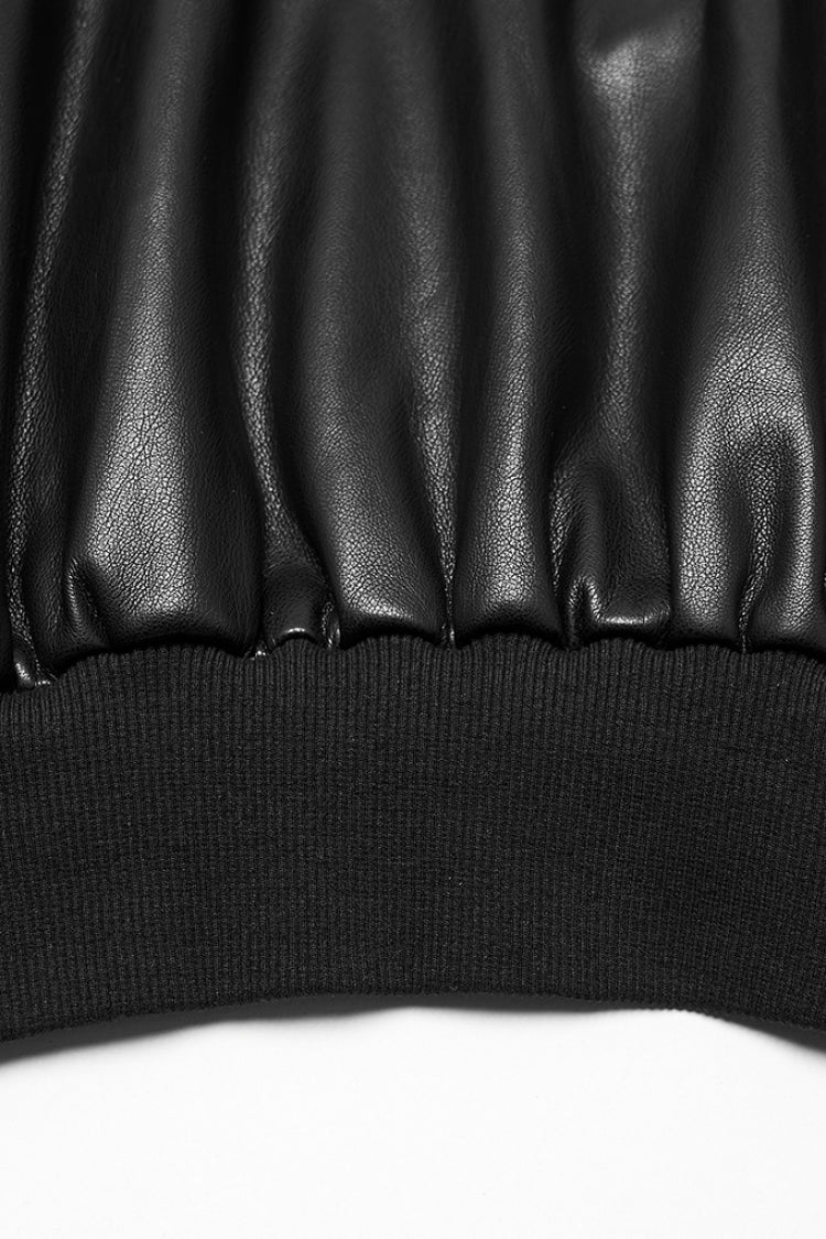 Black Long Sleeves Elastic Waist Faux Leather Hooded Women's Punk Jacket