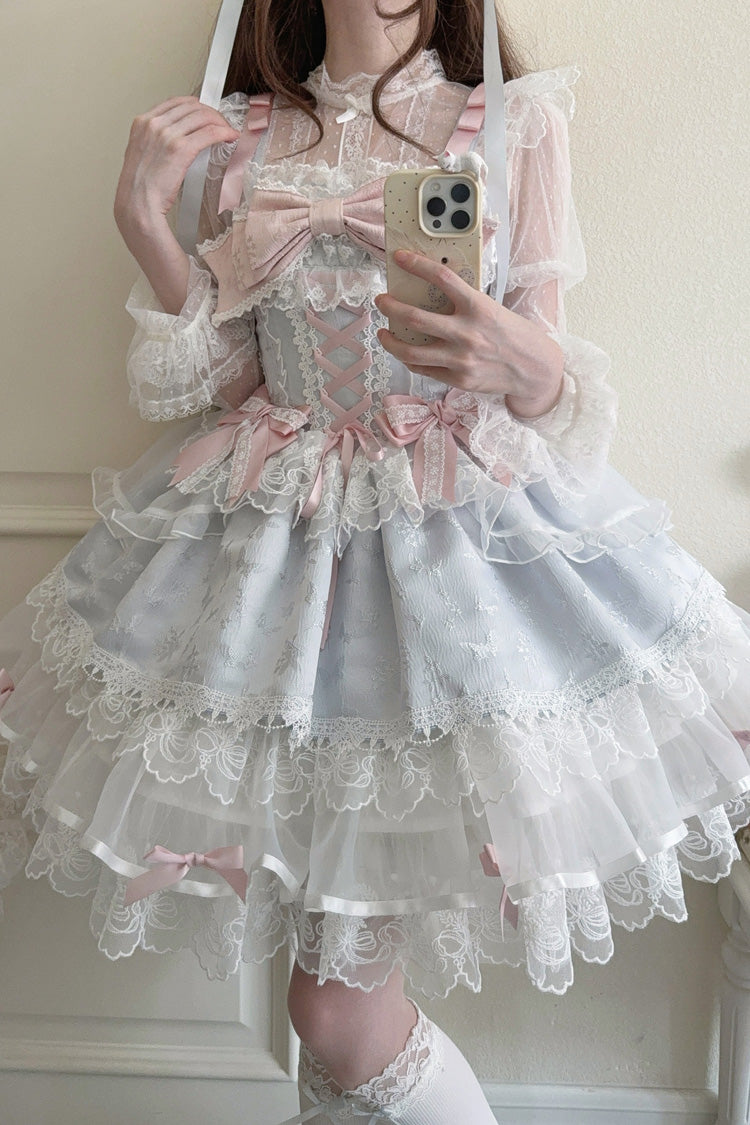 Robe Jsk Lolita Ballet Douce Slim en Dentelle à Nœud à Volants Sans Manches [Île Fleishi Bleue] 