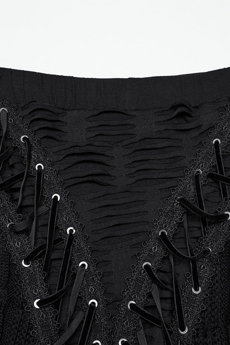 Black Ripped Lace-up Women's Gothic Knitted Skirt