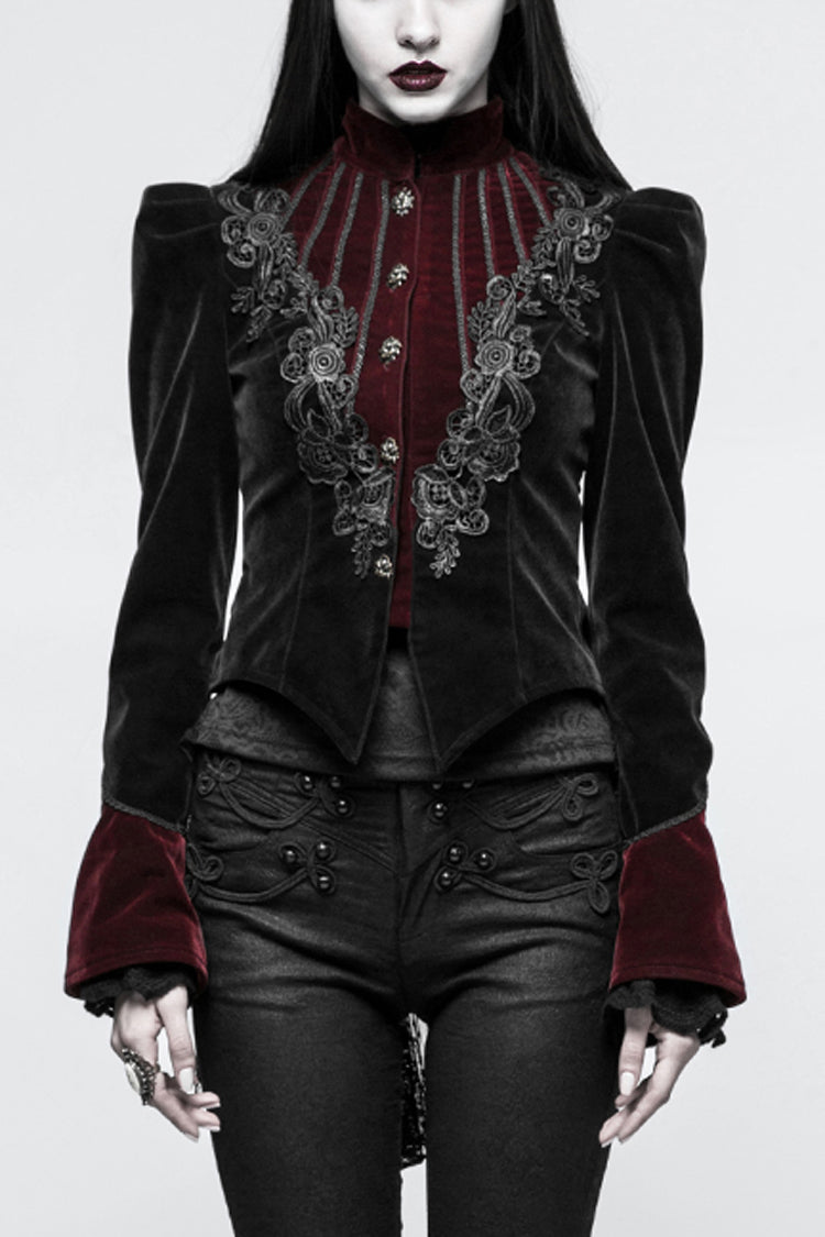 Black 3D Floral Decoration Stand Collar Long Sleeves Womens Gothic Jacket