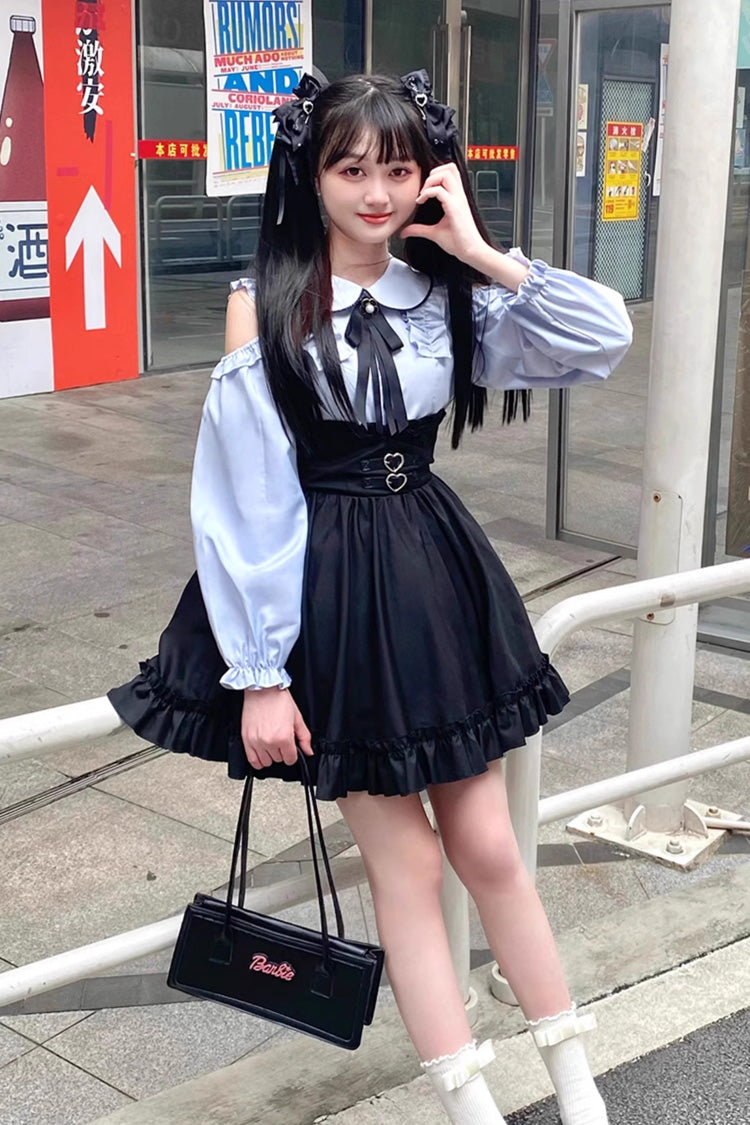 Black/Blue Off Shoulder Long Sleeves Ruffle Bowknot Sweet Jirai Kei Japanese Set