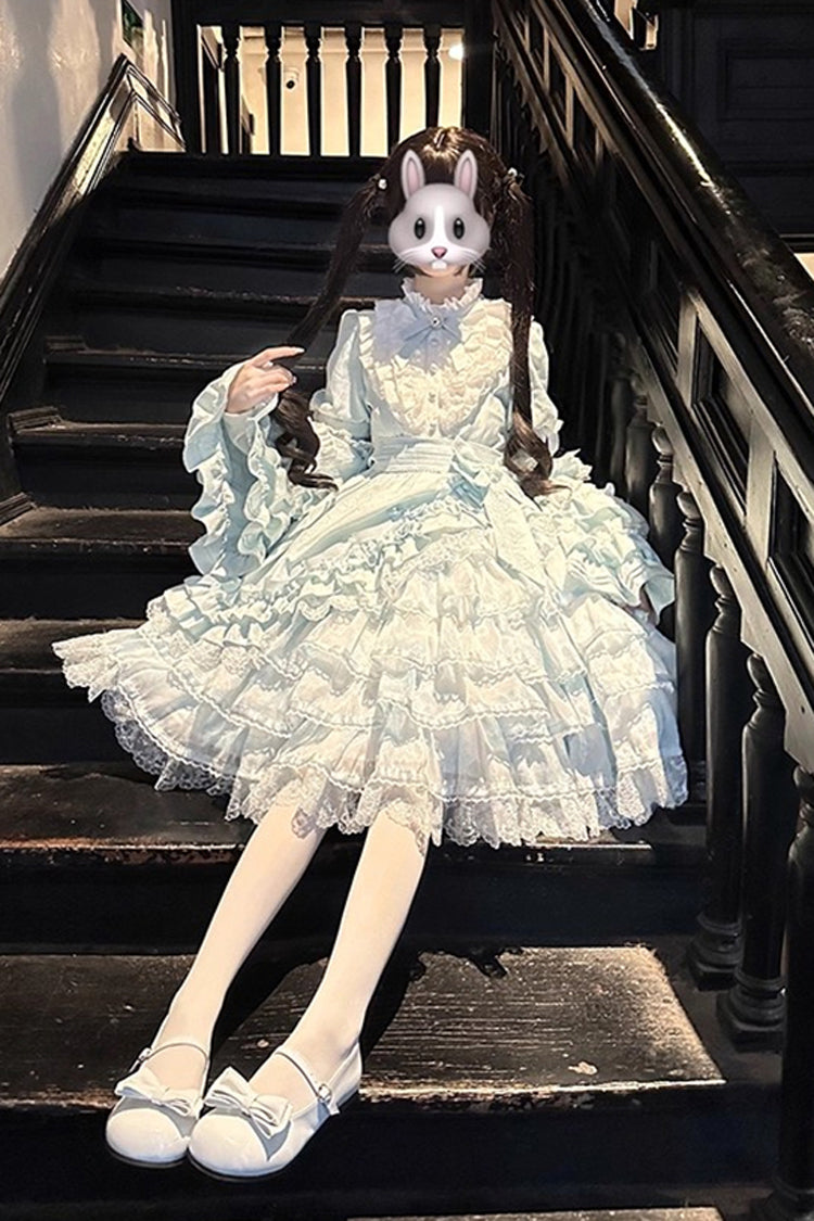 Blue [The Soloist Doll] Long Hime Sleeves Multi-Layered Print Ruffle Bowknot Asymmetric Sweet Lolita Dress