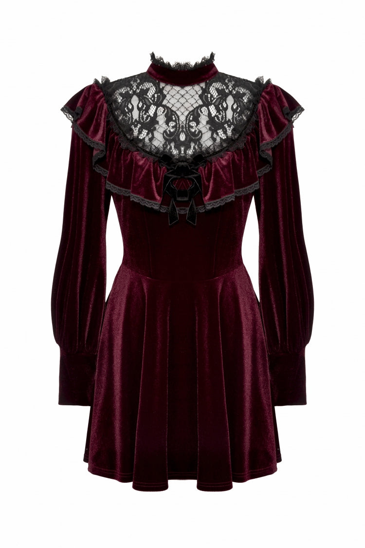 Red Long Sleeves Crochet Velvet Dress Women's Gothic Graduation Dress