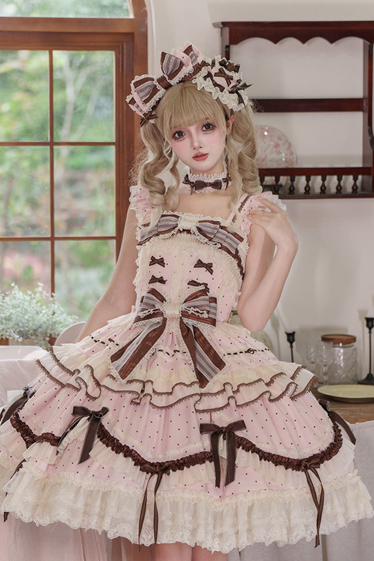Pink [Shengqiao Tata] Sleeveless Print Ruffle Bowknot Lace-Up Sweet Elegant Lolita Jsk Dress