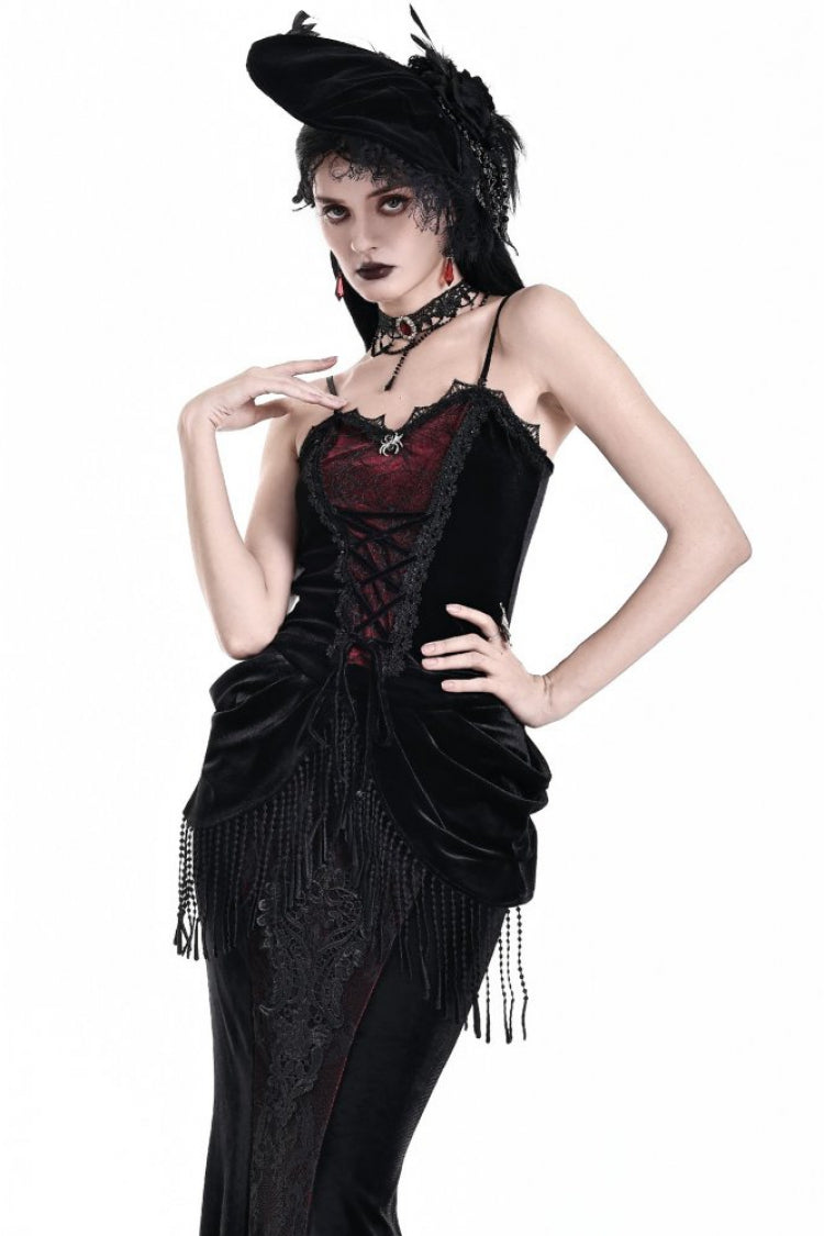 Schwarz/Rotes Gothic-Bustier-Oberteil mit Spinnennetz-Dekor und Schnürung vorne für Damen