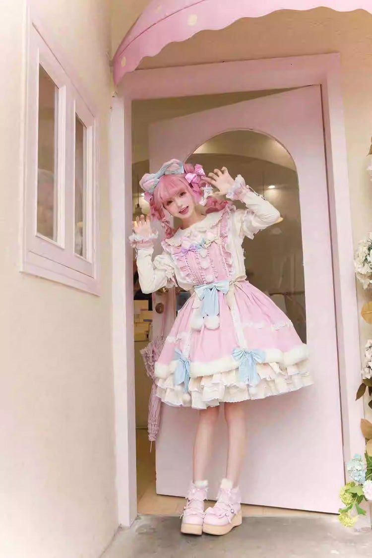 White/Pink Little Fox Multi-layer Ruffle Bowknot Long Sleeves Sweet Lolita Dress