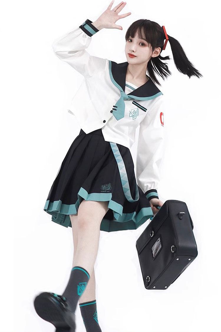 Black/White Long Sleeves College Style Sailor Japanese School Pleated Skirt