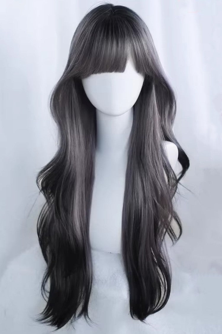Perruque Lolita Douce Longue Lâche Ondulée à Frange Rideau Ombre Noir/Violet