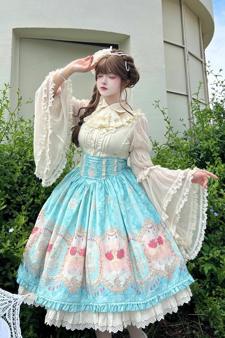 Blue [Moonlit Garden Secret] Print Ruffle Embroidery Lace Sweet Elegant Palace Lolita Skirt
