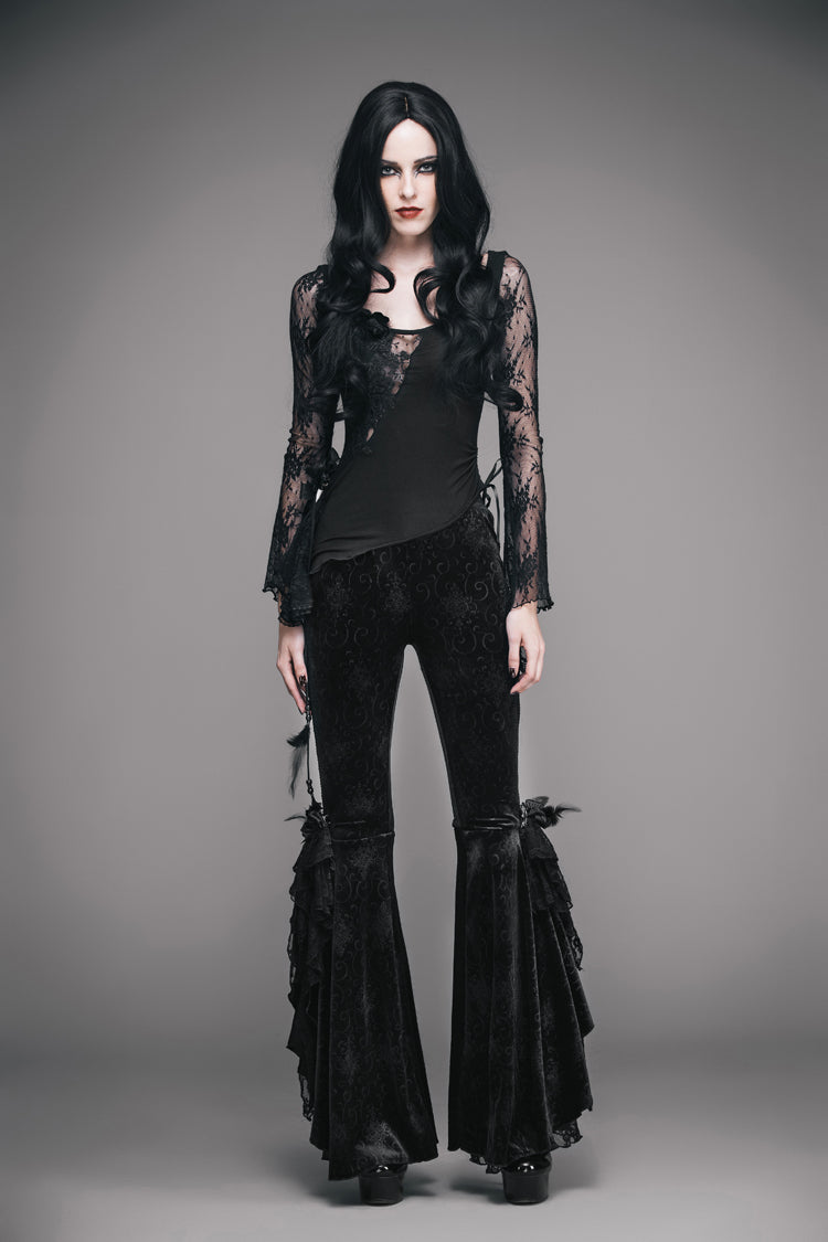 Black Front Chest Rose Decoration Flare Sleeve Irregular Lace Hem Knit Women's Gothic T-Shirt