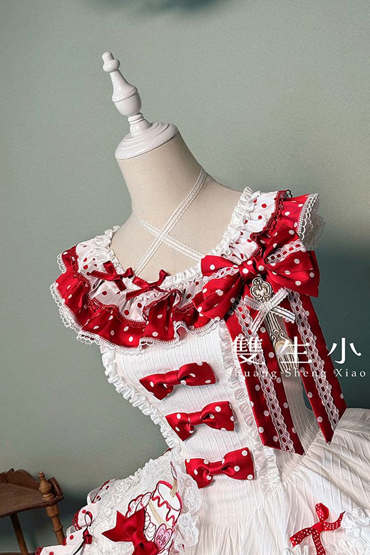 Red/White [Twin Bears] Sleeveless Triple-Layered Print Ruffle Bowknot Lace Sweet Lolita Jsk Dress