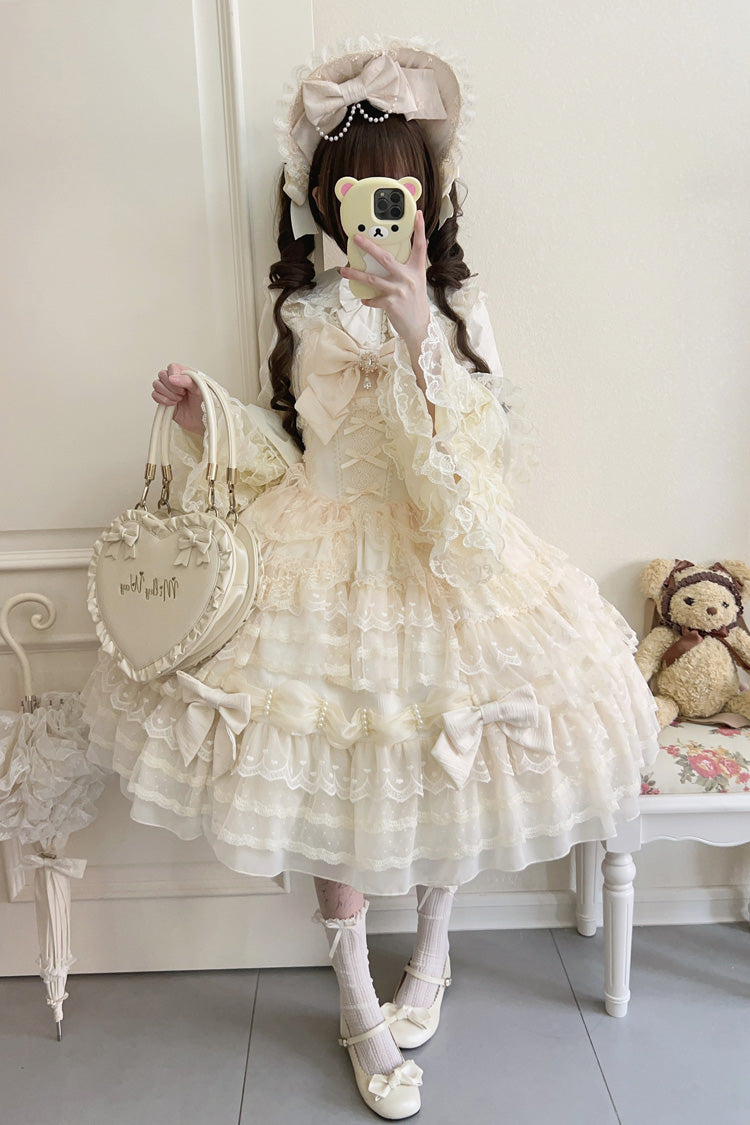 Beige [Dream Prologue] Doll Multi-Layered Bowknot Lace Sweet Princess Lolita Dress