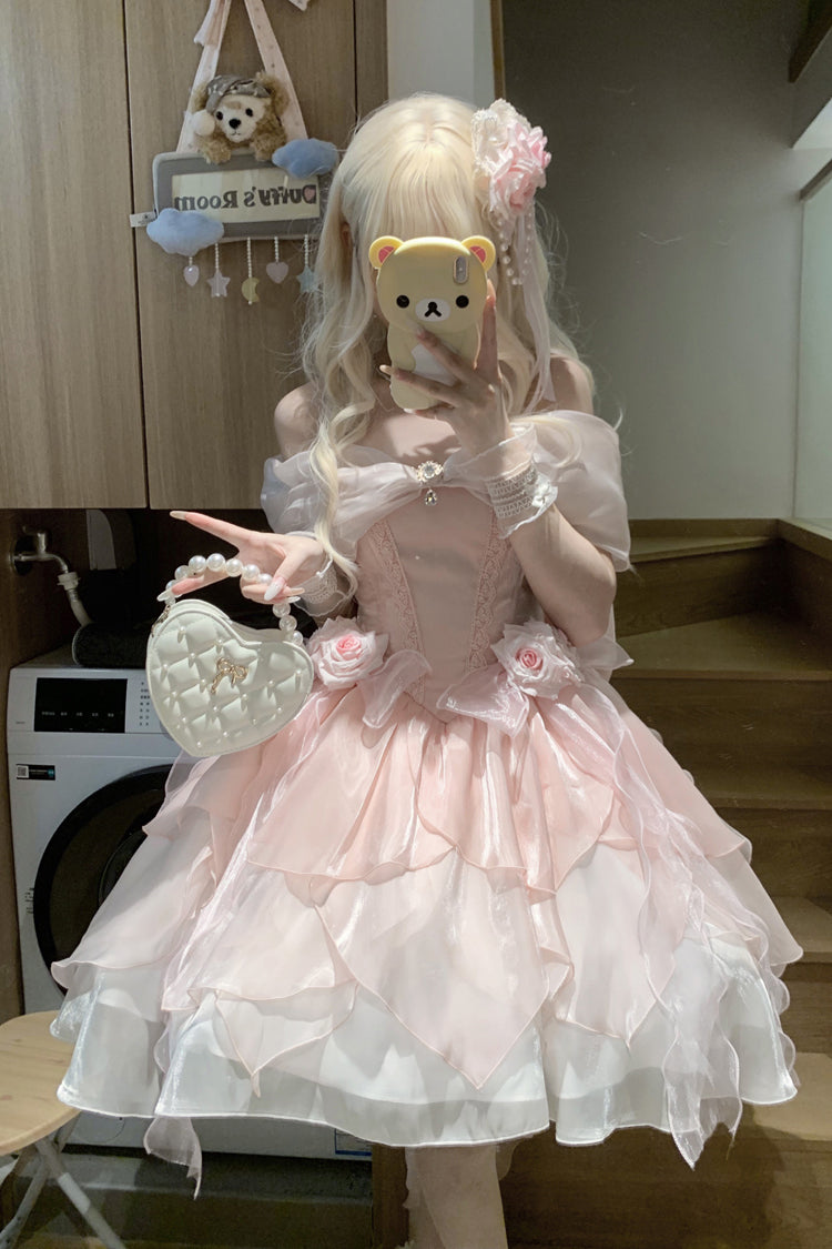 [Herzschlag] Schulterfreies, mehrlagiges Rüschen-Bowknot-Spitzen-Prinzessinnen-Traumhaftes Süßes Lolita-Kleid in 2 Farben 