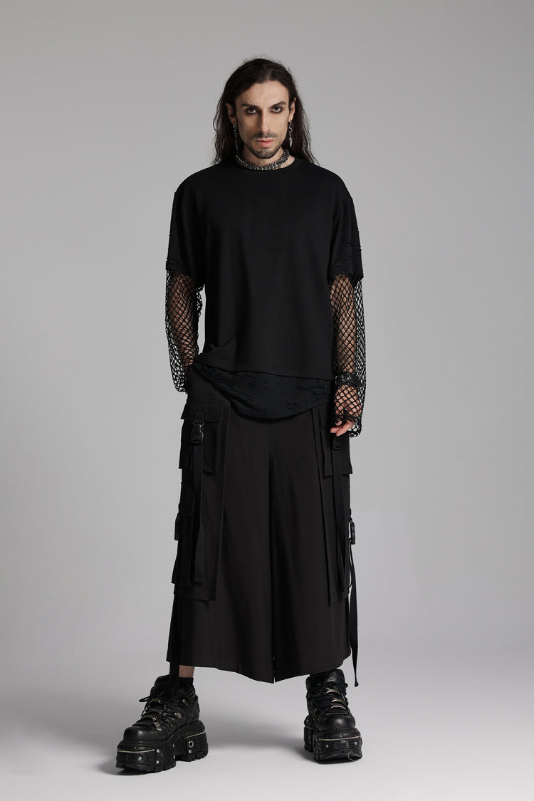 Black Round Collar Long Sleeves Mesh Ripped Men's Punk T-Shirt