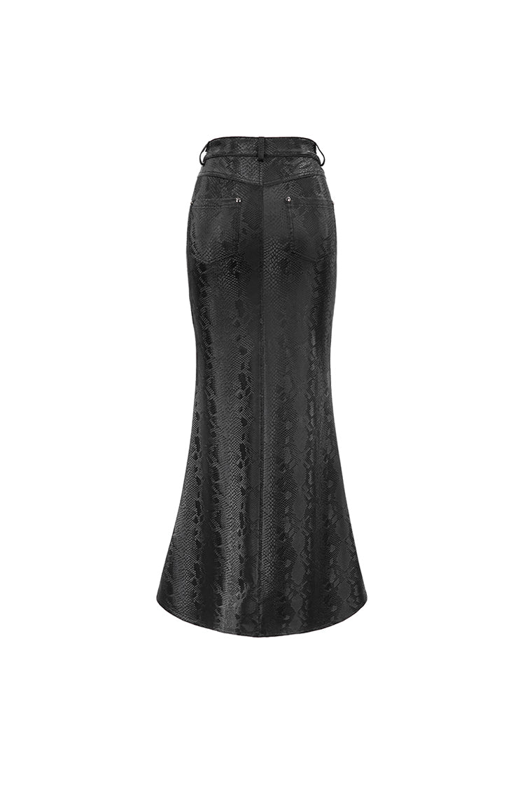 Black Snake Like Leather Side Slit Hem Lace Up Rivet Long Women's Punk Skirt