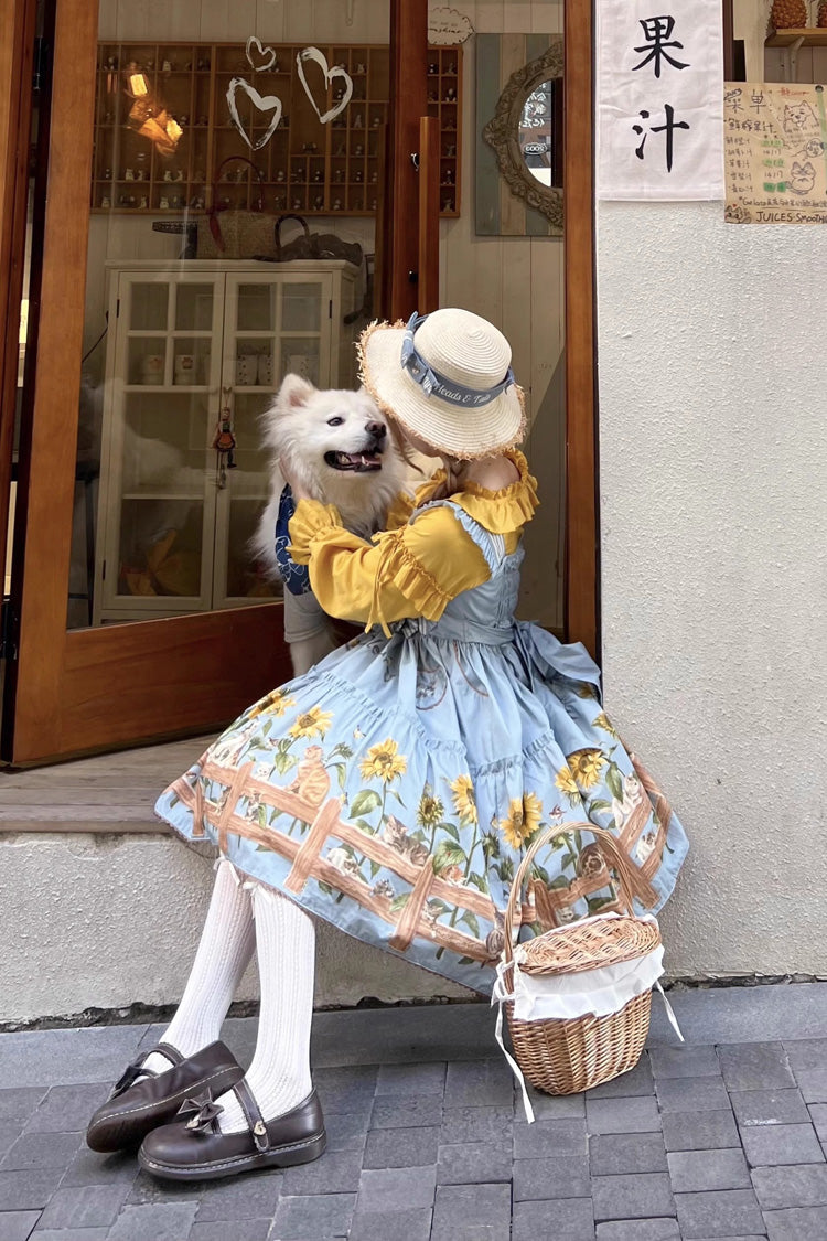 Cat and Sunflower Print Bowknot Sweet Lolita Jsk Dress 2 Colors