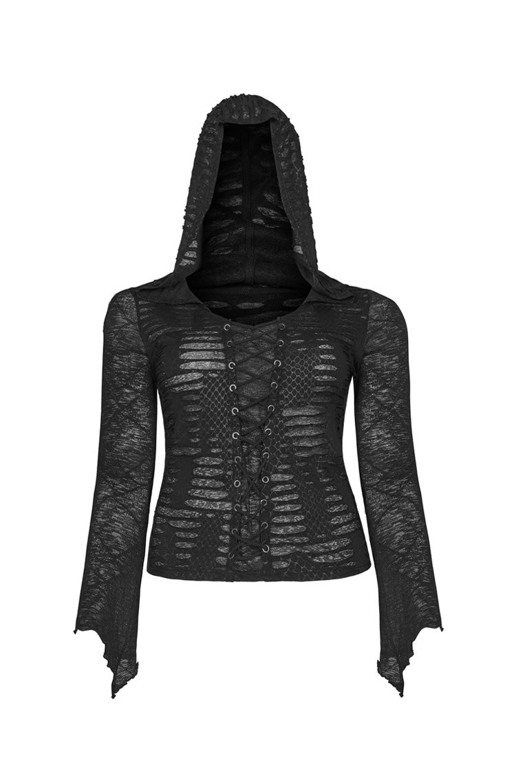 Schwarzes, vorne auf der Brust geschnürtes, ausgestelltes Ärmelspleißnetz, Übergröße, gebrochene Löcher, Strick-Punk-T-Shirt für Damen mit Kapuze
