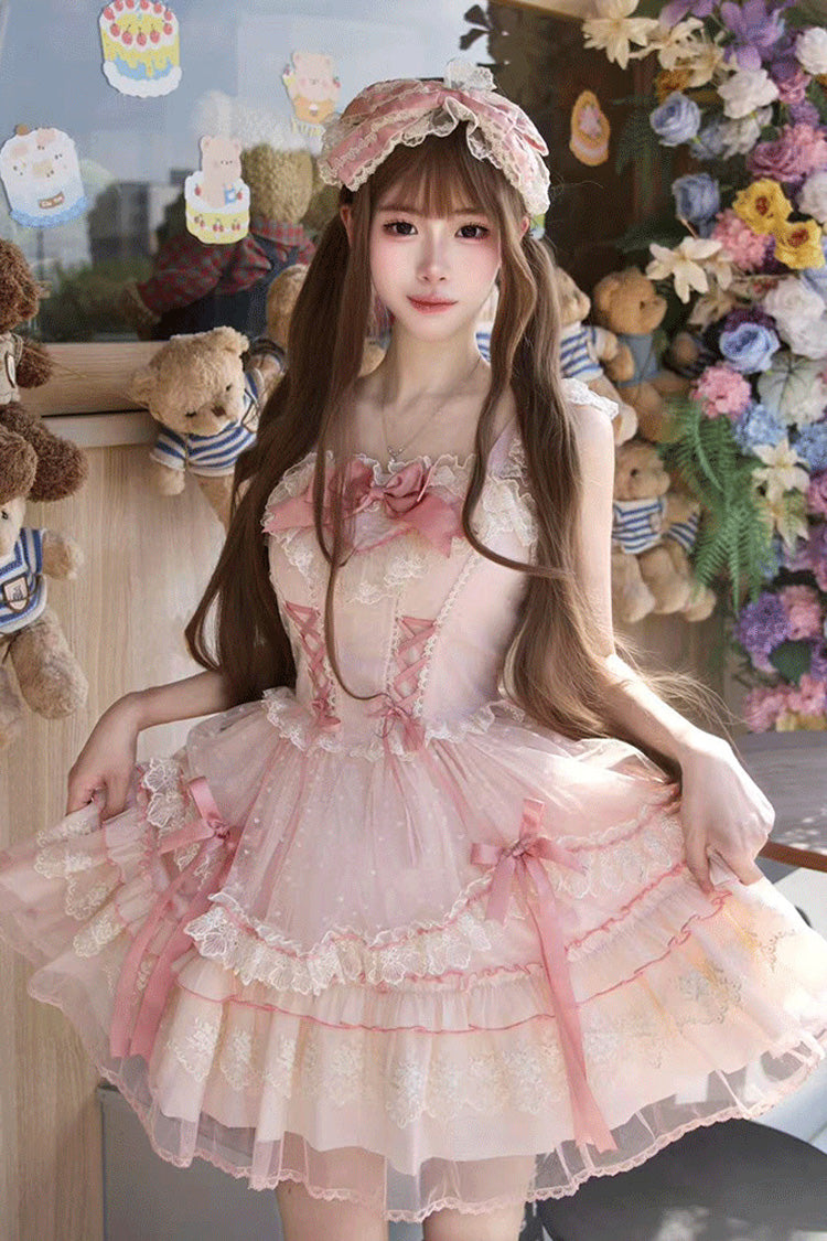 Pink [Candy House] Sleeveless Ruffle Bowknot Lace Lace-Up Sweet Lolita Jsk Dress