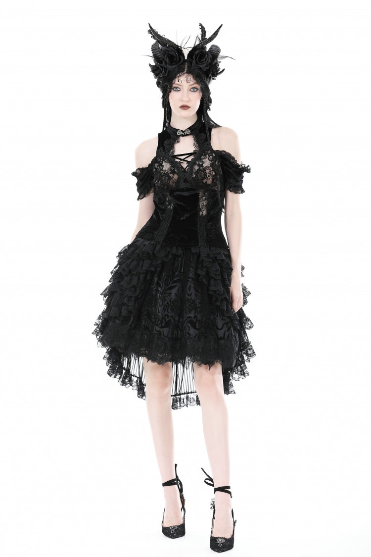 Black Women's Gothic Princess Multi-Layered Ruffled Lace High-Low Skirt
