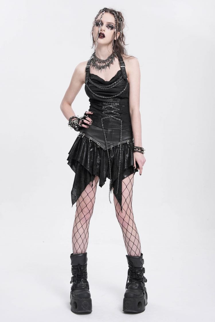 Black Halterneck Ripped Chained Women's Punk Vest