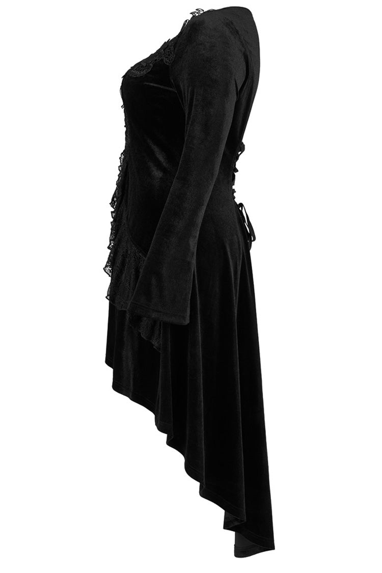 Black Gorgeous Velvet Fabric Embroidered Jacquard Neckline Irregular Hem Trumpet Sleeve Women's Gothic Dress