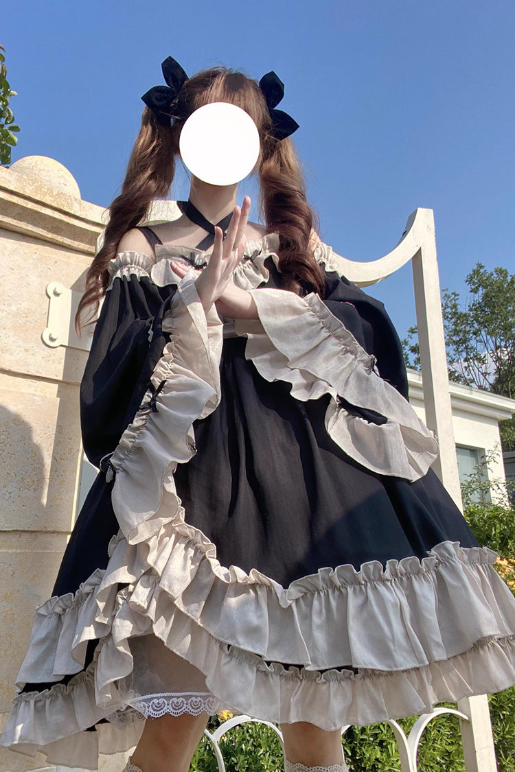 Black [Monet Estate] Sleeveless High Waisted Ruffle Bowknot Asymmetric Gothic Lolita Jsk Dress