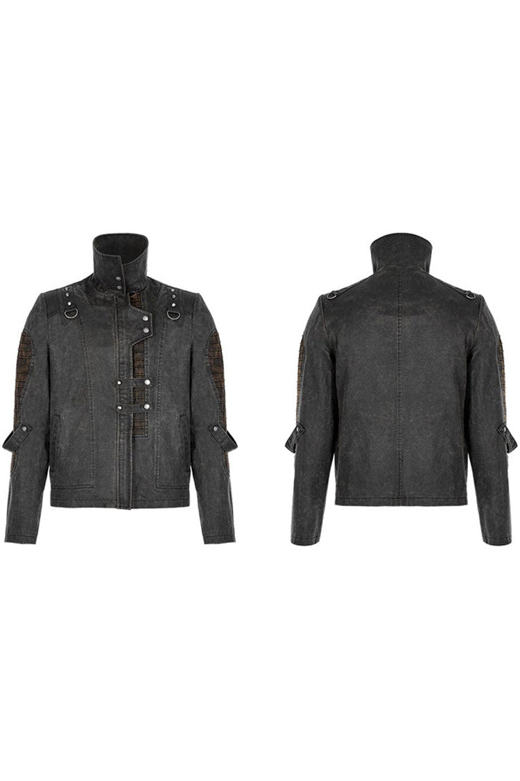 Grey Punk Post Apocalyptic Stitching Asymmetric High Neck Metal Embellished Short Loose Men's Coat