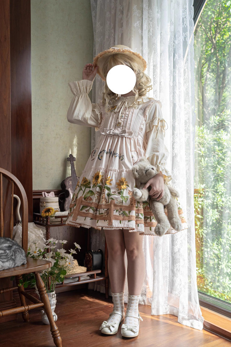 Cat and Sunflower Print Bowknot Sweet Lolita Jsk Dress 2 Colors