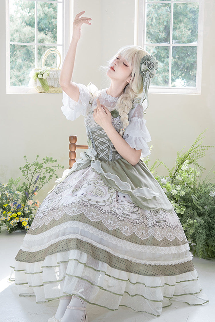 Green [Teacup Rabbit] Multi-Layered Print Ruffle Embroidery Bowknot Lace Asymmetric Sweet Elegant Lolita Jsk Dress