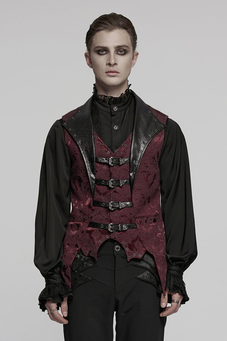 Black/Red Lapel V-neck Sleeveless Jacquard Buckle Men's Gothic Vest