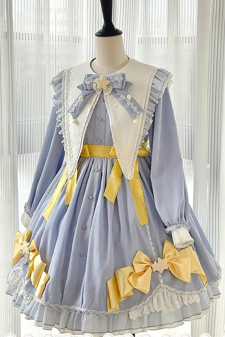 Blue Sleeping Star Long Sleeves Ruffle Bowknot Lace Stitching Sweet Lolita Dress