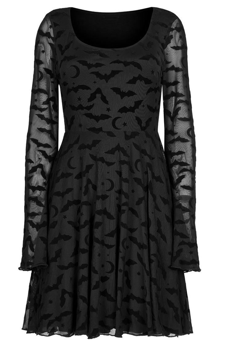 Black Minimalist Flared Sleeve Bat Moon Flocking Print Pattern Long Sleeves Punk Women's Dress