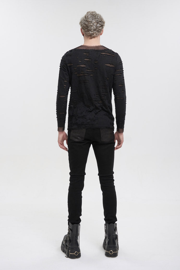 Black Diamond Mesh Irregular Hole Long-Sleeved Men's Punk T-Shirt