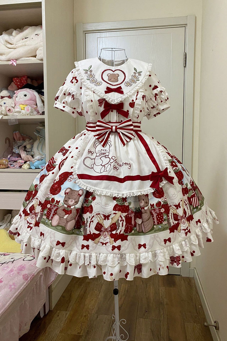 Red/White Short Sleeves Strawberry Bear Print Ruffle Bowknot Sweet Plus Size Lolita Dress