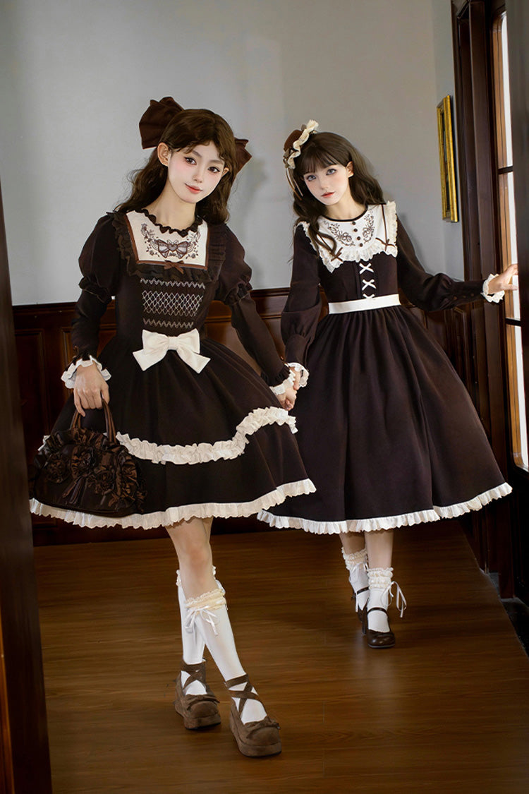 Brown [Miss Brown] Long Sleeves Ruffle Bouquet Embroidery Sweet Lolita Dress (Long Version)