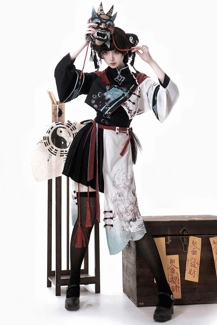 Multi-Color [Walking With The Demon] Print Asymmetric Gothic Chinese Style Ouji Lolita Skirt