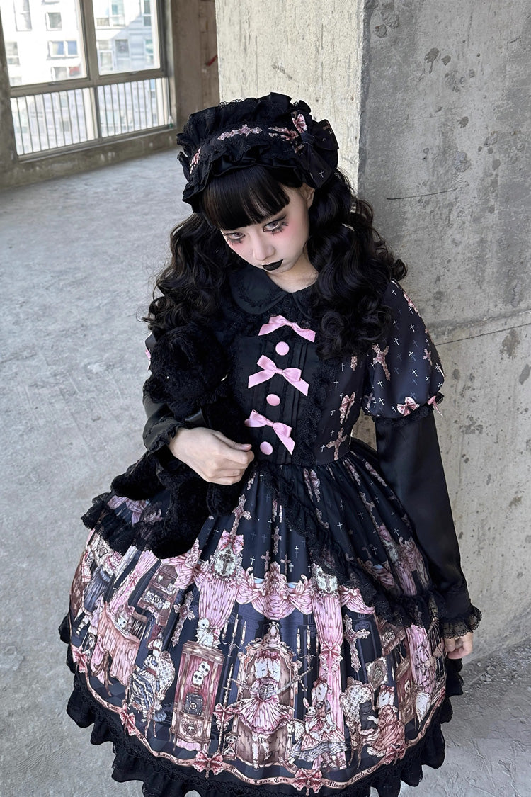 Noir [Le Cas de l'Agneau Disparu] Imprimé Manches Longues Volants Nœud Papillon Dentelle Robe Gothic Lolita 